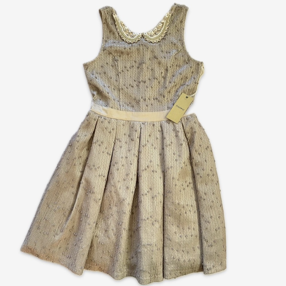 Freeway taupe pleated Peter Pan collar dress M